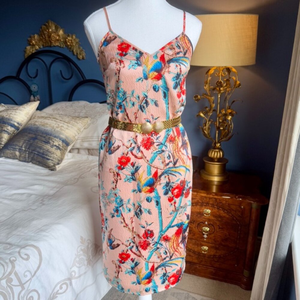 Pink 100% Silk Floral Bird Print Cami Dress